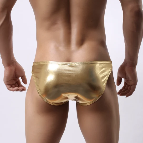 Men Bodybuilding Posing Patent Leather Thong gold back