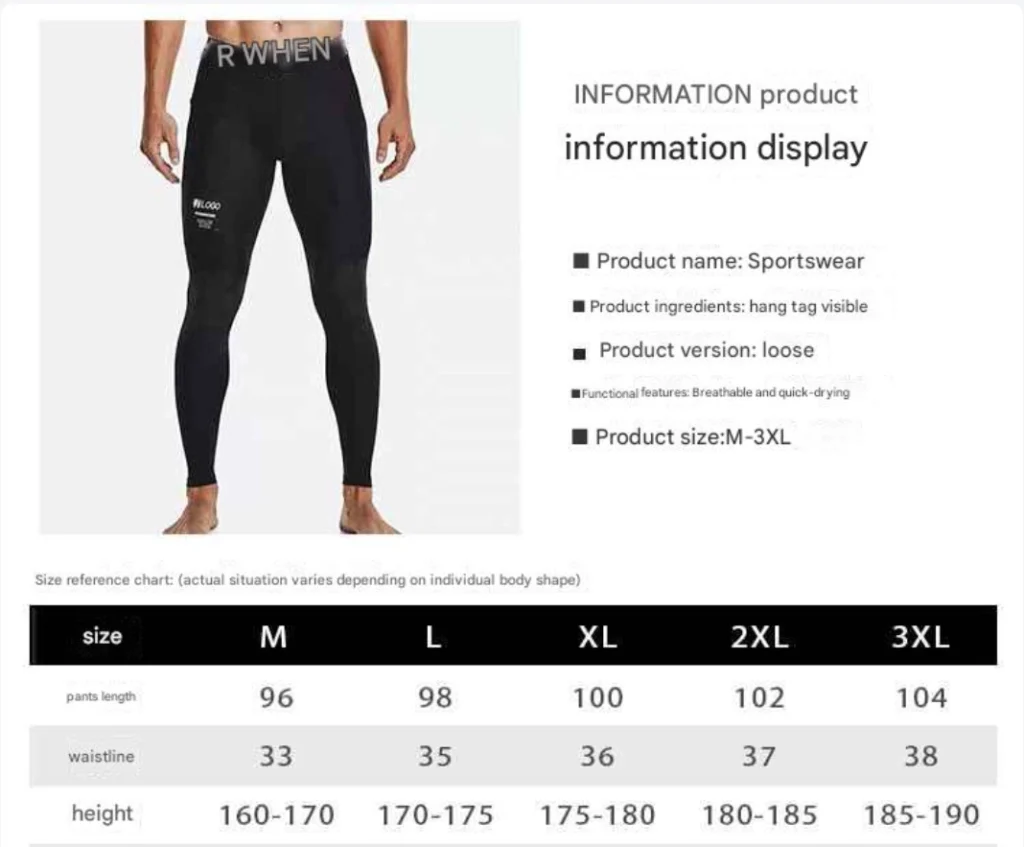 Brand Silk Stretch Sports Men's Leggings size chart